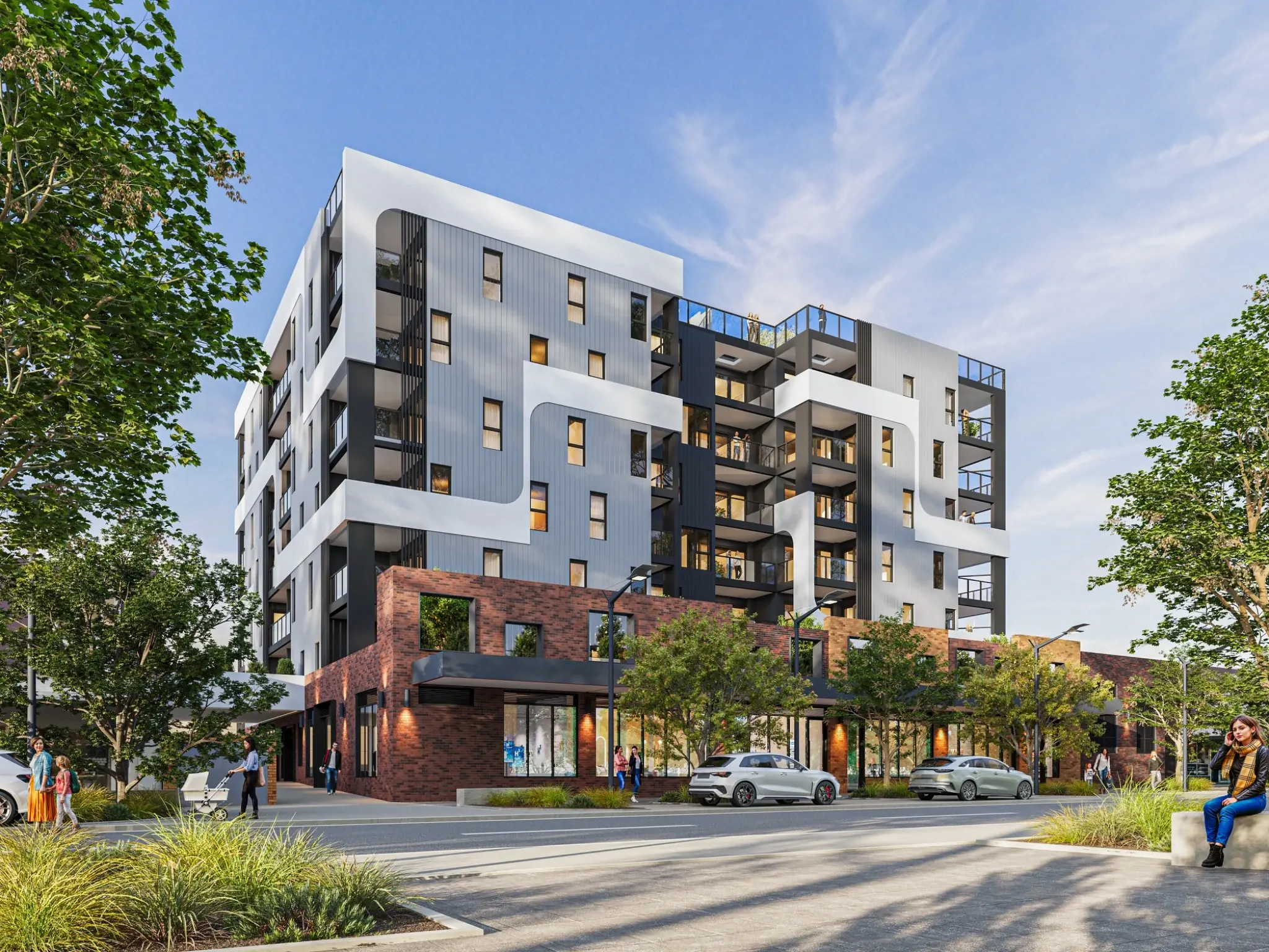 Photorealistic street-view 3D render of Vera Apartments with a contemporary multi-residential facade, brick podium, landscaping and active Queanbeyan streetscape