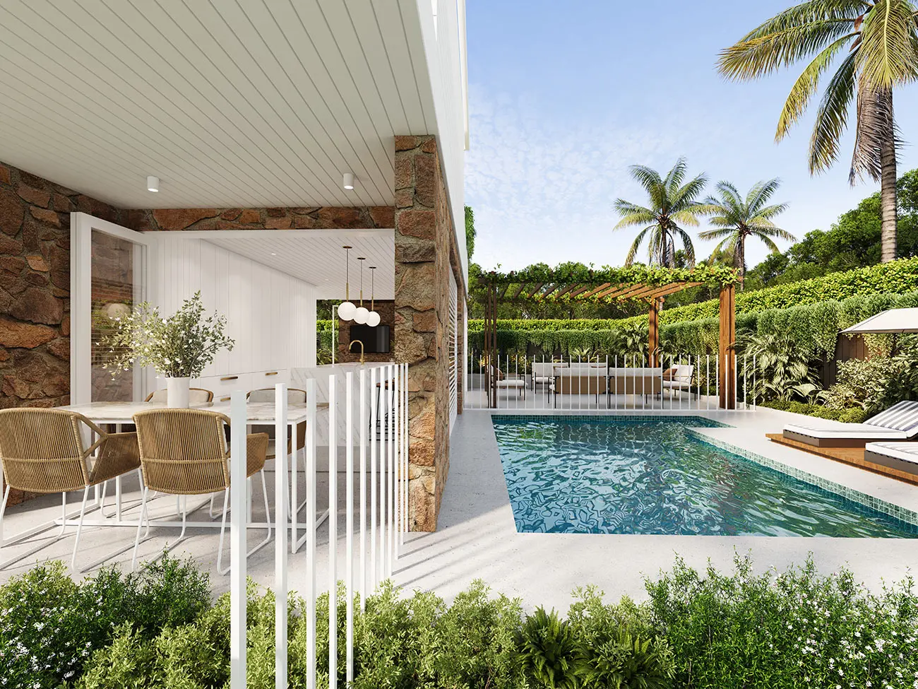 Photorealistic alfresco and pool 3D render at 12 Wildflower Street, Sunshine Beach, with stone walls, outdoor dining, tropical landscaping and indoor-outdoor living